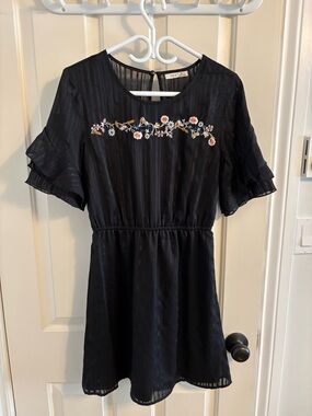 Dex Black Dress with Pink & White Floral Embroidery